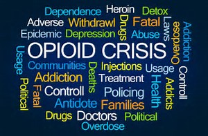A word cloud centered on "OPIOD CRISIS"