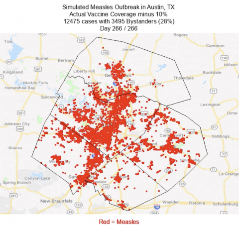 Map displaying a simulated measles outbreak in Austin, Texas