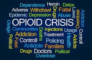 A word cloud centered on "OPIOD CRISIS"